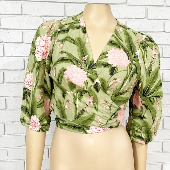 Agua Bendita Women's Large Peony Print Tie Wrap Top Dark Olive/Blush - Picture 1 of 10